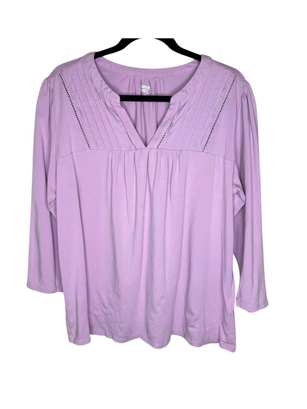 Lands' End Tunic Blouse Womens L Lilac Purple V-Neck Pleated Lace 3/4 Sleeve Top